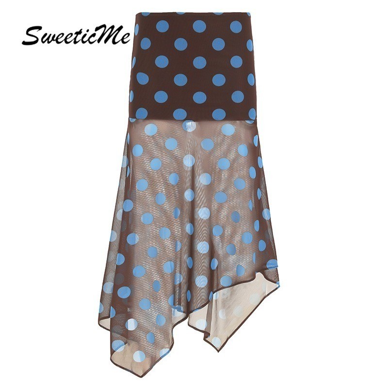SweeticMe Nữ 2025 Thời Trang Mới Màu Sắc Tương Phản Chấm Bi Lưới Không Đều Nhìn Xuyên Qua Váy Dài