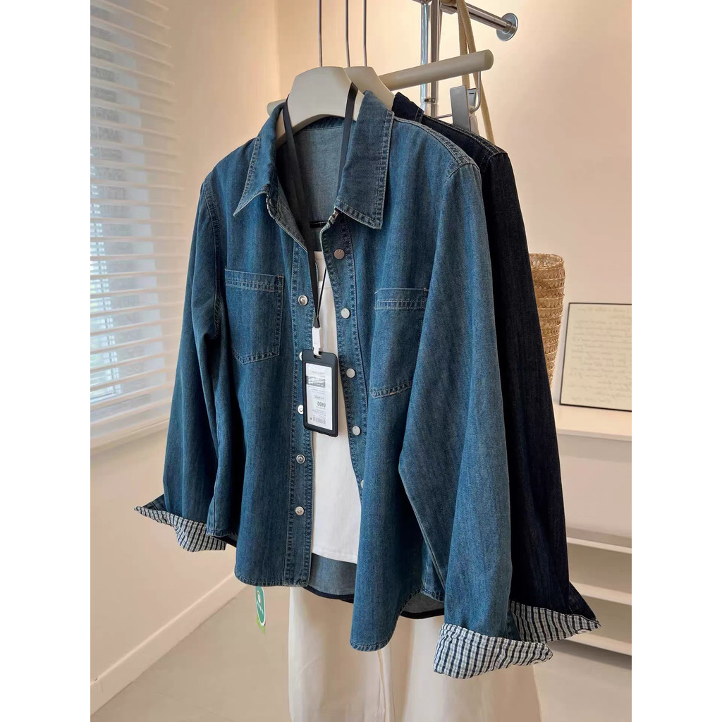 SUXI Áo sơ mi denim cổ điển dài tay nhẹ nhàng cho nữ mùa đông 260107