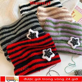 Mũ Beanie WEAVELYF Y2K sọc ngôi sao quỷ đáng yêu, móc len hình mèo, phù hợp cho mùa thu đông