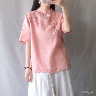 Hanfu Top Qipao nữ phong cách dân tộc retro, thêu tay, chất liệu cotton và lanh, màu sắc đơn giản, cổ khóa - phù hợp mùa hè