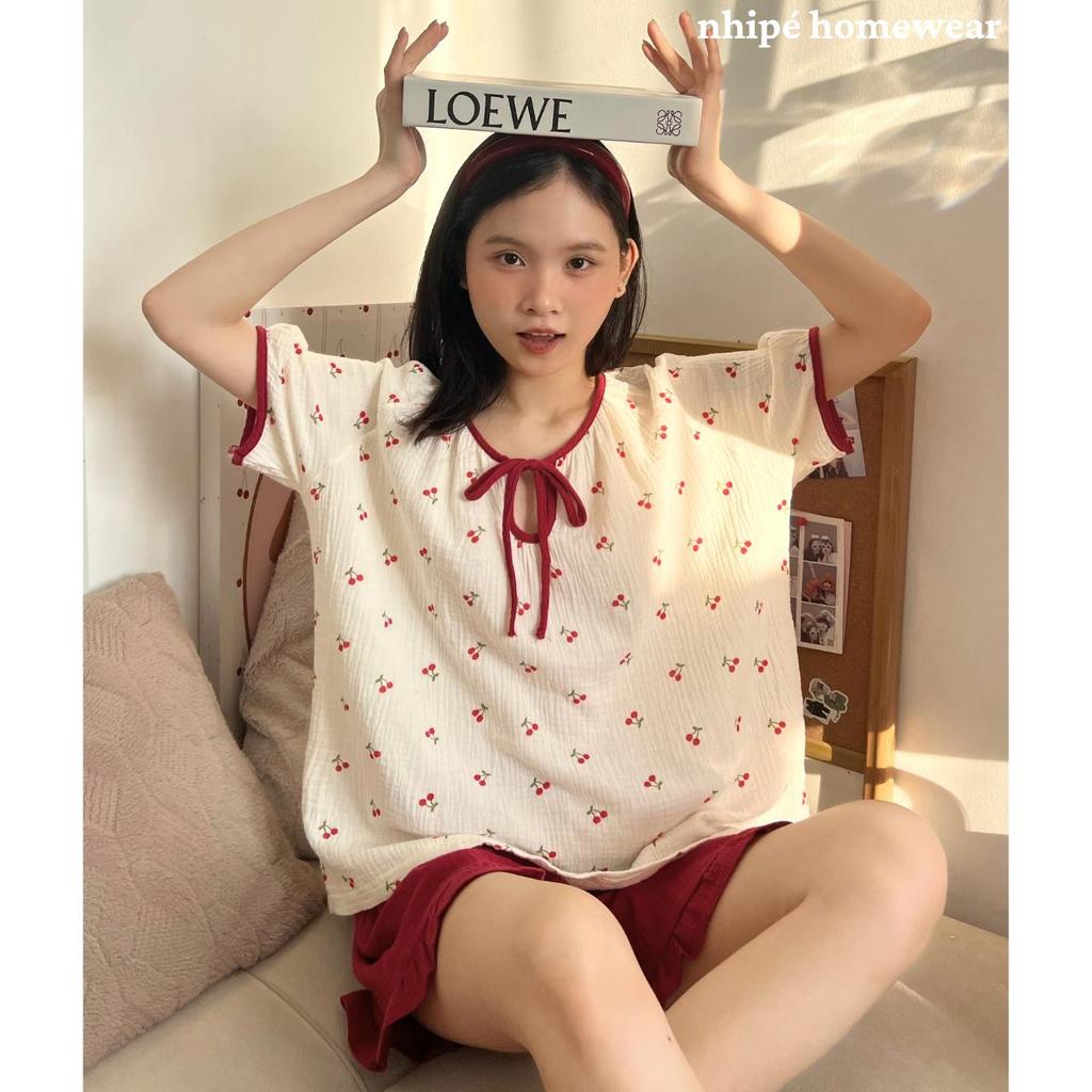 Bộ đồ ngủ tay ngắn quần đùi nhipé homewear nữ set đồ ngủ mặc nhà chất liệu xô muslin cao cấp mềm mịn mát họa tiết cheri