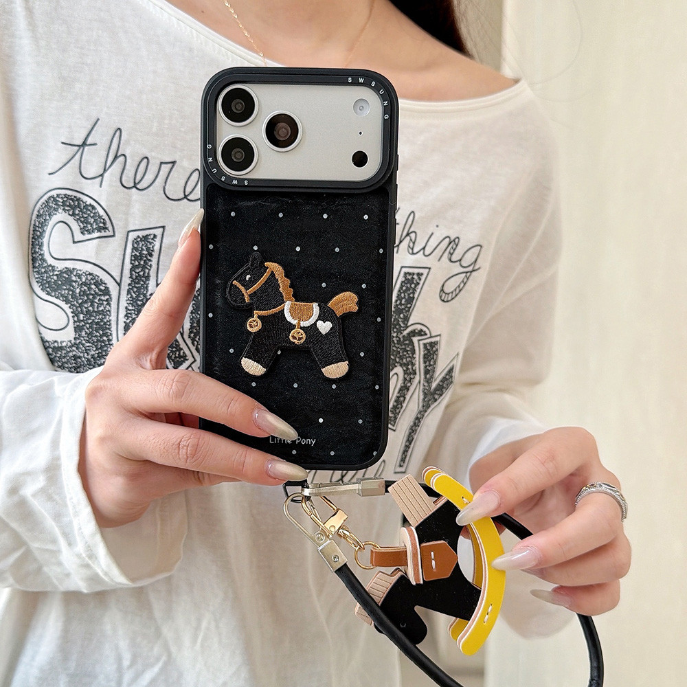 Ốp Điện Thoại Nhung Cao Cấp Thêu Ngựa 3D Cho iPhone 17 Pro Max 16 15 14 13 Vỏ Bảo Vệ Chống Sốc