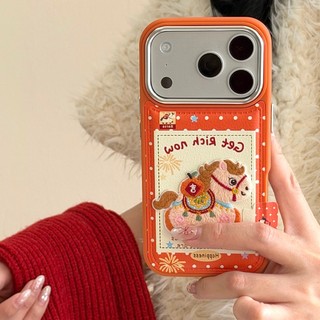 Làm Giàu Hạnh Phúc Thêu Ngựa Đỏ Cam Chấm Bi Điểm Da PU Ốp Lưng Điện Thoại iPhone 17Promax 17Pro 14 15 16 Pro Max 13 Vỏ Di Động Nữ Chống Sốc