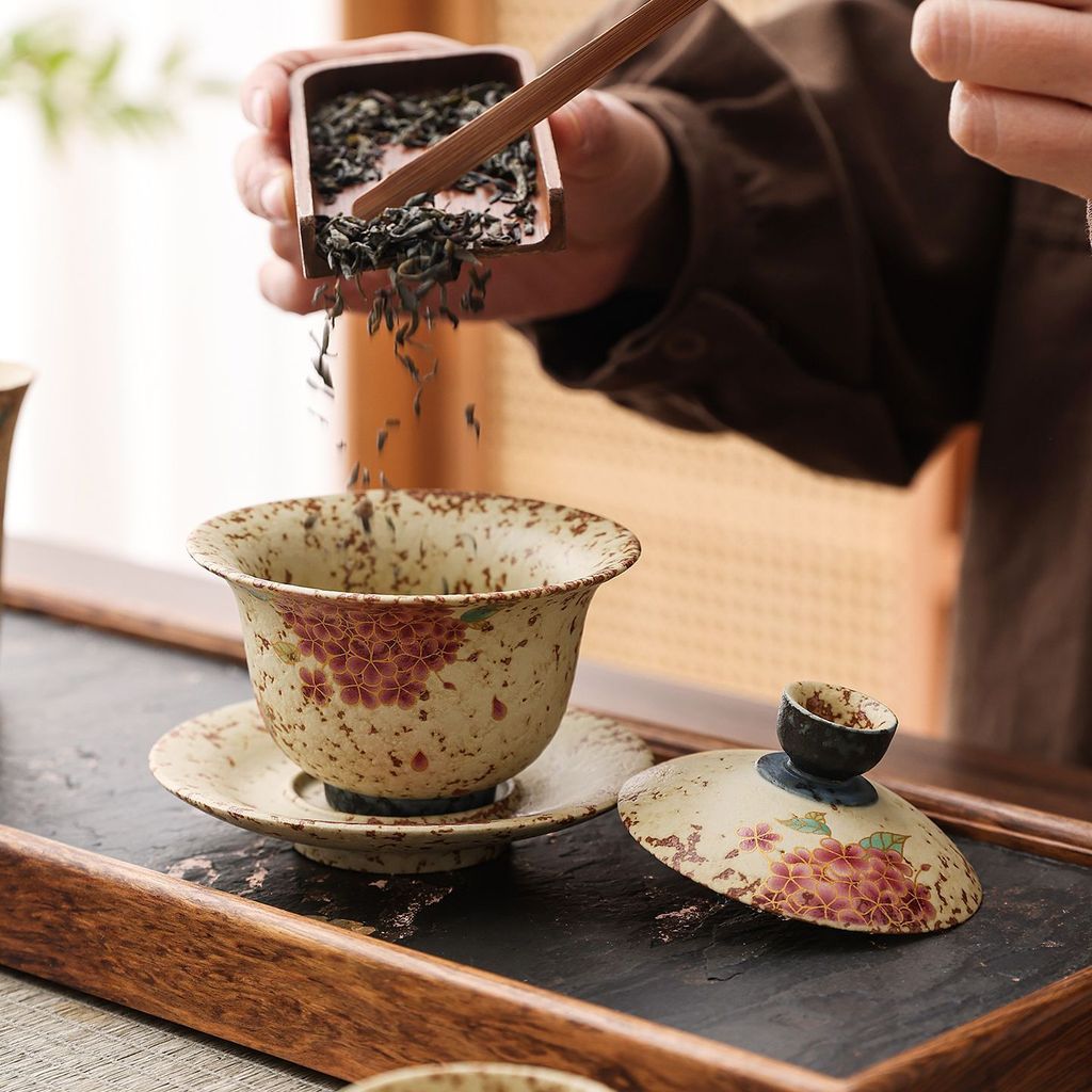 Bộ trà gốm cẩm tú cầu cổ điển cao cấp Sancai Gaiwan Kung Fu Bộ trà trà