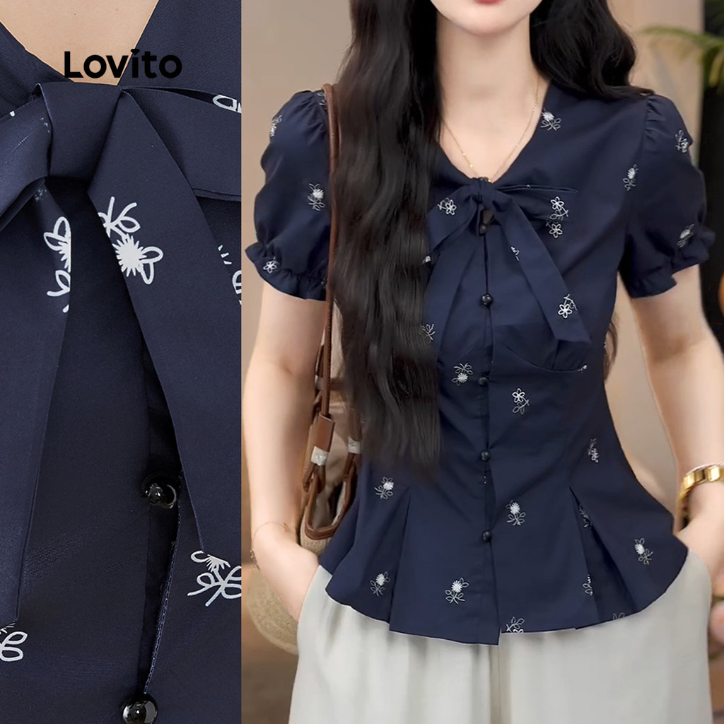 Lovito Áo Kiểu Thanh Lịch Cho Kỳ Nghỉ Giáng Sinh Áo Sơ Mi Nữ Cài Cúc Phía Trước Xếp Ly Và Nơ Màu Xanh Đậm Thích Hợp Cho Mùa Xuân/hè L154LD162