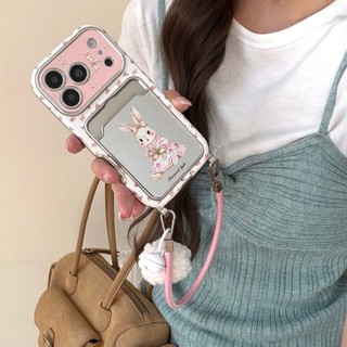 Gương Hoạt Hình Dễ Thương Thỏ Khe Cắm Thẻ Túi Hoa Hồng Da Wrsit Dây Đeo Ốp Lưng Điện Thoại Cho iPhone 17Promax 17Pro 15 16 Pro Max Chống Sốc Nữ Vỏ Di Động