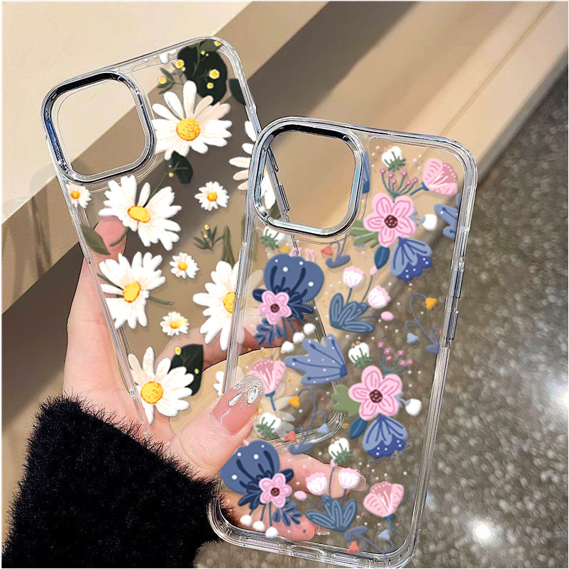 Ốp Lưng Cho Samsung Galaxy S21FE S10 S9 S8 Note 20 10 Plus S21 S22 Siêu Vintage Nhỏ Hoa Mềm Mại Trong Suốt Mạ Kim Loại Ống Kính