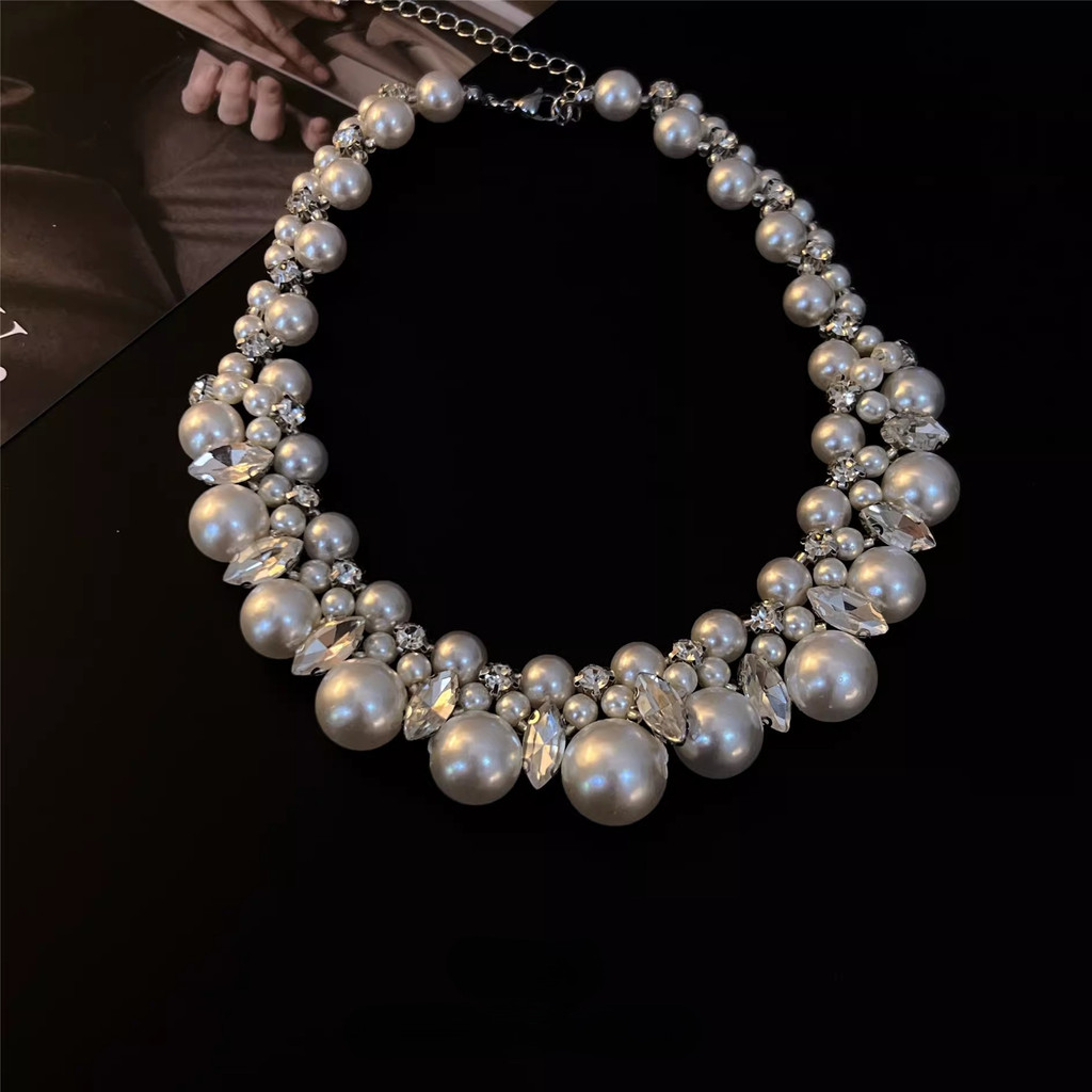 Dây Choker Ngọc Trai Đính Đá Lấp Lánh Phong Cách Vintage Pháp Cao Cấp Phụ Kiện Trang Phục Cô Dâu