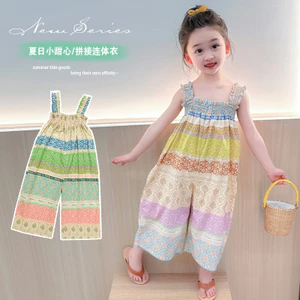 Bộ áo liền quần bé gái Khâu màu mùa hè Sling không tay ống rộng 90-140 Size MW1G