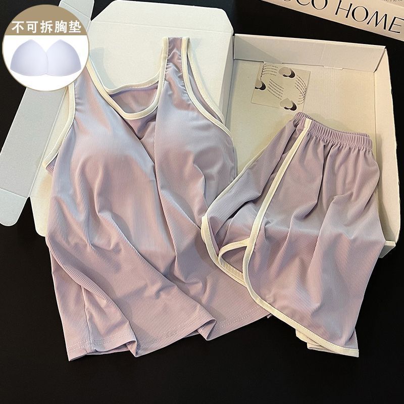 2025 Áo Bộ Đồ Ngủ Nữ Có Miếng Lót Ngực Màu Sắc Phù Hợp Với Băng Lụa Ren Sling Loungewear Bộ Có Thể Đeo Bên Ngoài