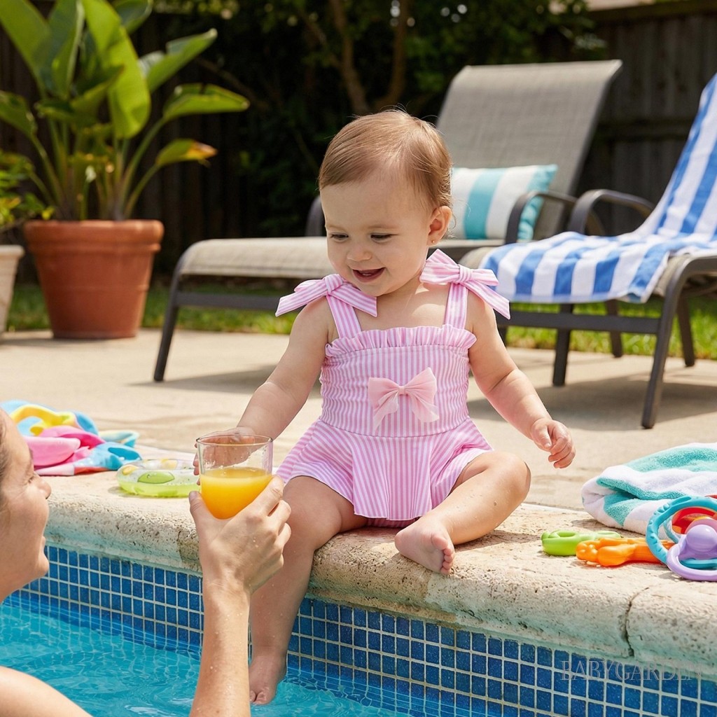 0M-3Y Tập Đi Bé Gái Một Mảnh Đồ Bơi Sọc Dễ Thương In Hình Không Tay Dây Buộc Vai Tắm Đồ Bơi