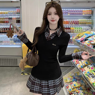 Đầm nữ cổ bẻ phối caro tay dài eo cao xếp ly chữ A ngắn phong cách học sinh Closet Diary
