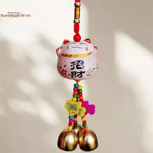 TRTR Fortune Cat Chuông Gió Gốm Treo Xe Trang Trí Sân Vườn Thủ Công Chuông Kim Loại VN
