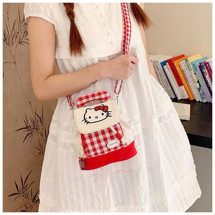 Ba Lô Hoạt Hình Hello Kitty Ba Lô Thời Trang Nữ Kẻ Sọc Đỏ Dây Rút
