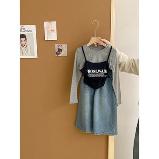 Bé Gái Slim-fit Sling Đáy Áo Sơ Mi Giả Hai Mảnh Dài Tay Áo Thun Trẻ Em Phù Hợp Với Quần Jean Ống Rộng Phù Hợp Với
