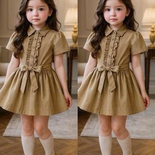 V43-[tomnaukids] Váy xòe phối bèo màu NÂU cột dây cho bé size từ 12-38Kg