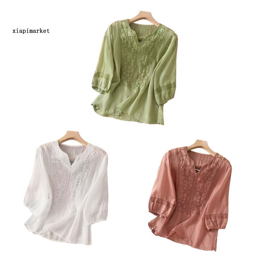 XIA | Áo sơ mi nữ bohemian họa tiết retro cổ chữ V, tay 3/4, vải mềm mại thoáng khí, phù hợp cho kỳ nghỉ