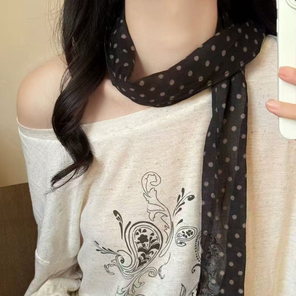 Hululu / Đơn Giản Thời Trang Chấm Bi Dài Sọc Lụa Khăn Buộc Cổ Retro Cao Cấp Cảm Giác Phù Hợp Với Khăn Mỏng Sang Trọng Nữ