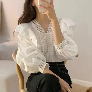 Áo sơ mi cổ V tay phồng thiết kế viền ren kiểu điệu dành cho nữ hàng hottrend XIMIMI SP462