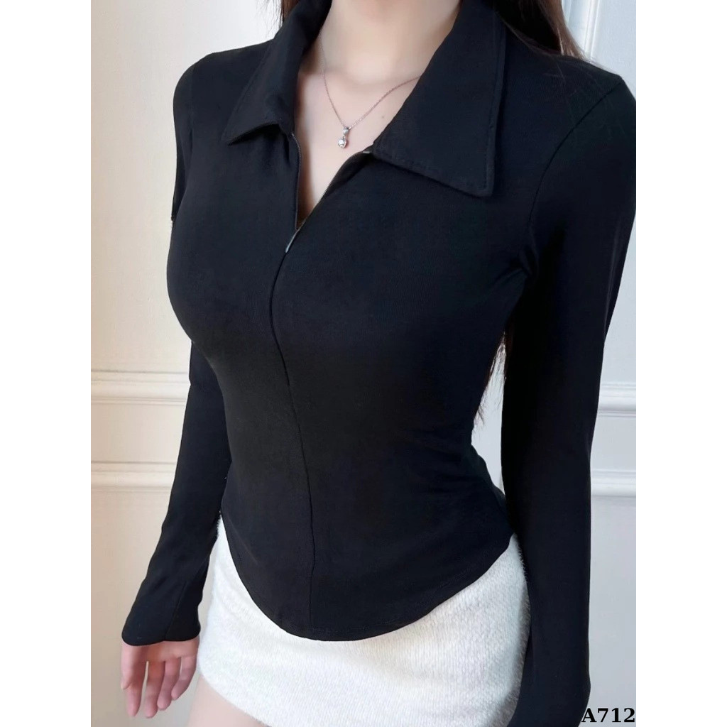 [Mở Bán] Áo Thun Nữ Tay Dài Ôm Body Cổ Bẻ Phối Khoá Kéo Dáng Vạt Bầu Cotton_A71244
