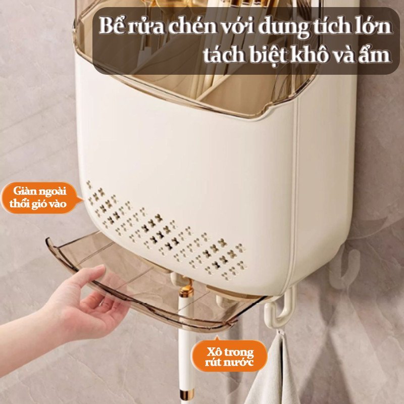 hộp đựng đũa muỗng gắn tường khay thoát nước nắp chống bụi nhựa ABS cao cấp màu trắng tiện lợi bếp