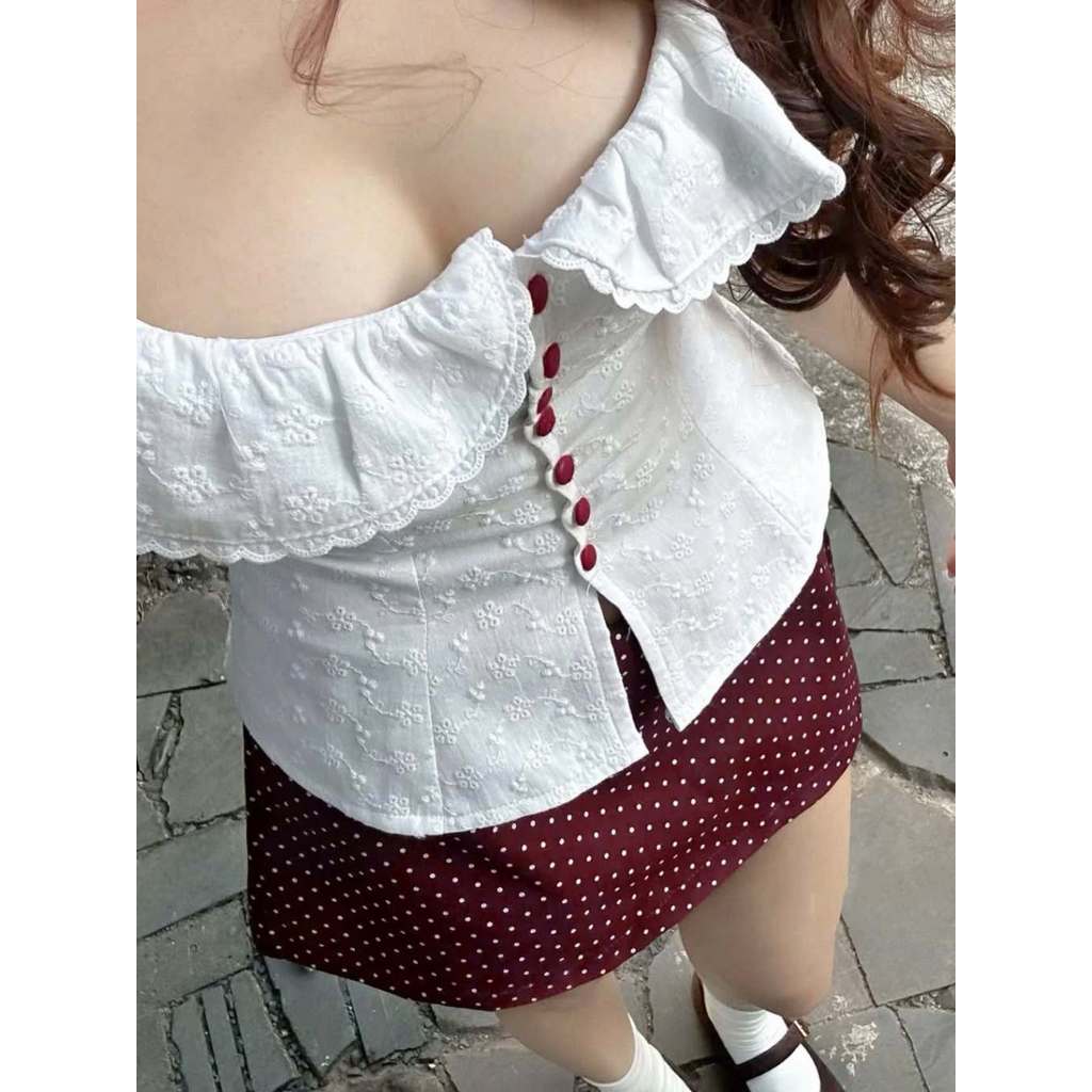Áo Cổ Bèo Tiểu Thư Tay Bồng Phối Nút Màu, Chất Ren Boi Thêu Siêu Xinh_A890