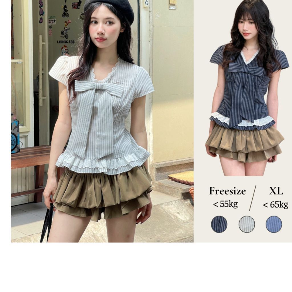 Áo sơ mi nơ kẻ sọc cổ tim phối ren kèm xinh xắn, Áo kiểu bèo gấu dễ thương thời trang - A560 - Sam Botique