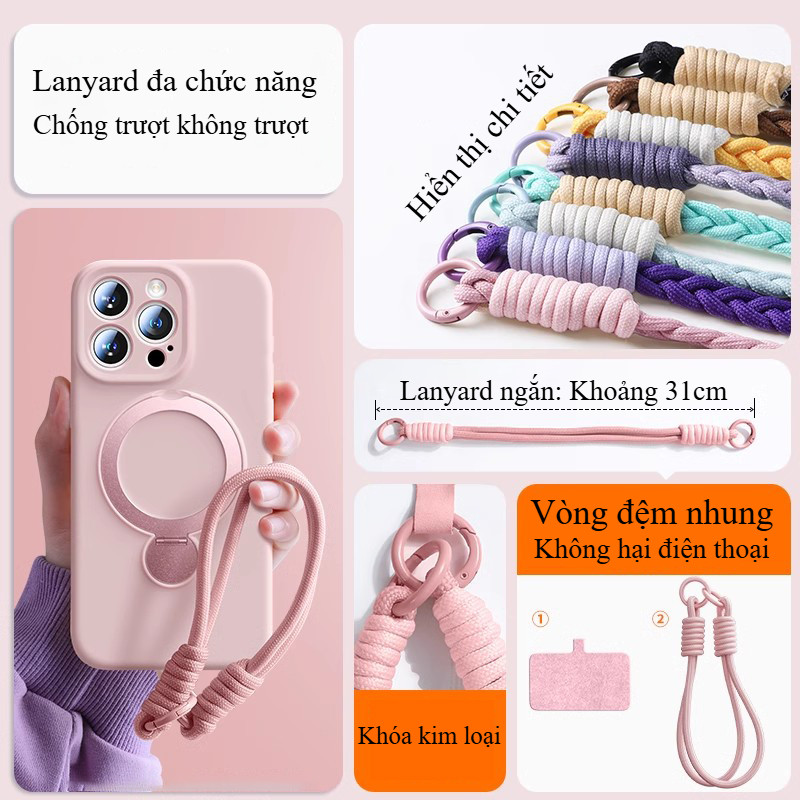 Ốp Lưng Silicone Giá đỡ Kim Loại Xoay 360° Dành Cho IPhone 17 16 15 14 13 Pro Max Chống Sốc Chống Bẩn Kèm Dây đeo