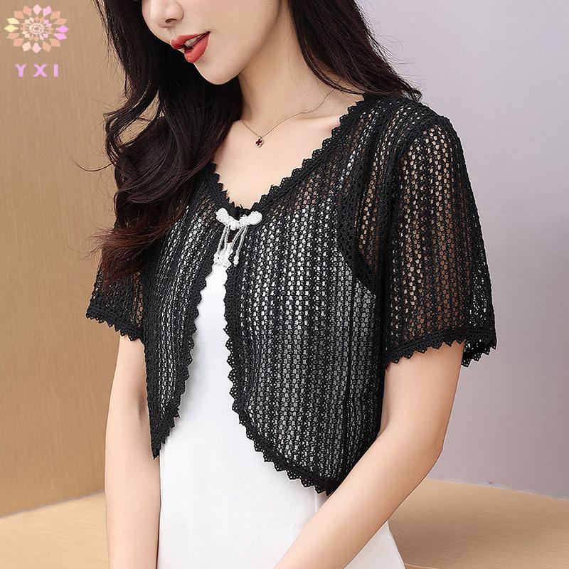 Cardigan nữ mùa hè chất liệu ren rỗng, tay ngắn, màu trơn mới