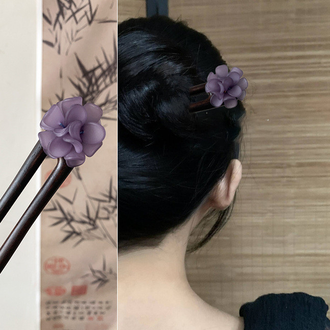 Kẹp Tóc Gỗ Đàn Hương Xanh 15/21cm, Iris Tím Retro, Hoa Trà, Thanh Lịch, Trung Quốc