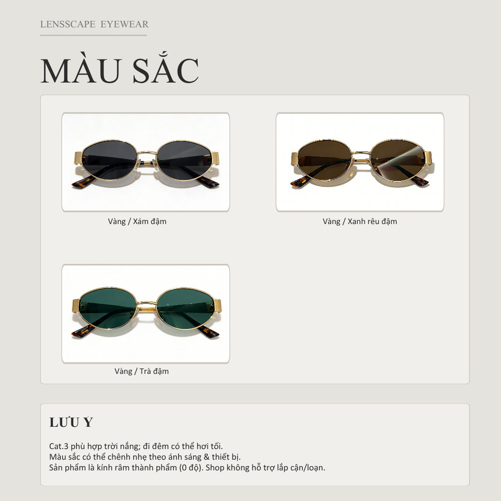 LENSSCAPE-Kính mát oval phân cực gọng kim loại | Tròng UV400 Cat.3 | Phù hợp đi nắng, dạo phố & chụp ảnh hằng ngày