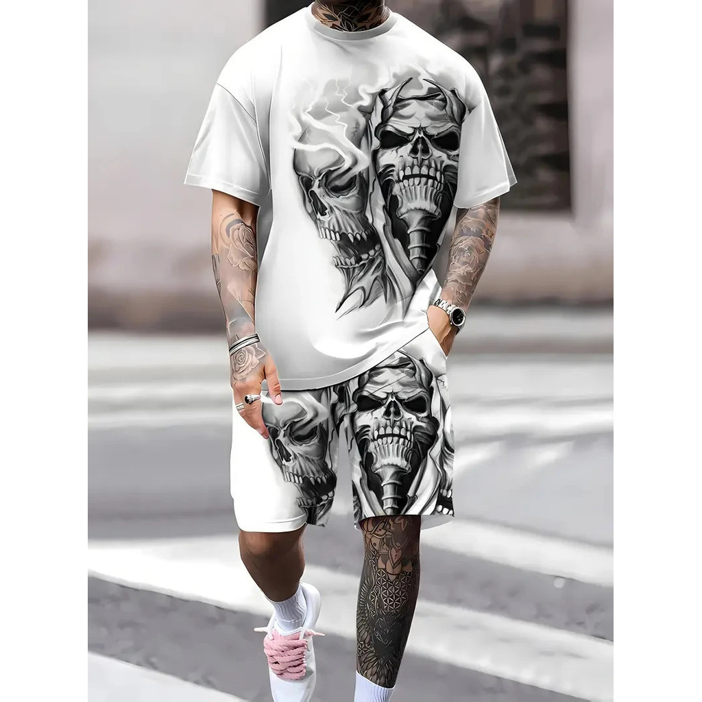 Bộ đồshort ngắn tay in họa tiết đầu lâu, phong cách unisex, đơn giản và thoải mái