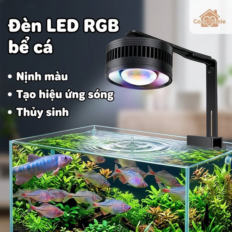Đèn Bể Cá Tròn LED COB ánh sáng tự nhiên nịnh màu cá tạo hiệu ứng sóng nước chân kẹp chống gỉ