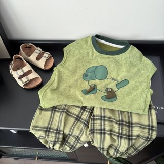 (6m-12Yrs) Bộ mùa hè thiết yếu Quần chống muỗi kẻ sọc hàng đầu không tay thoải mái Trang phục thông thường 2 mảnh
