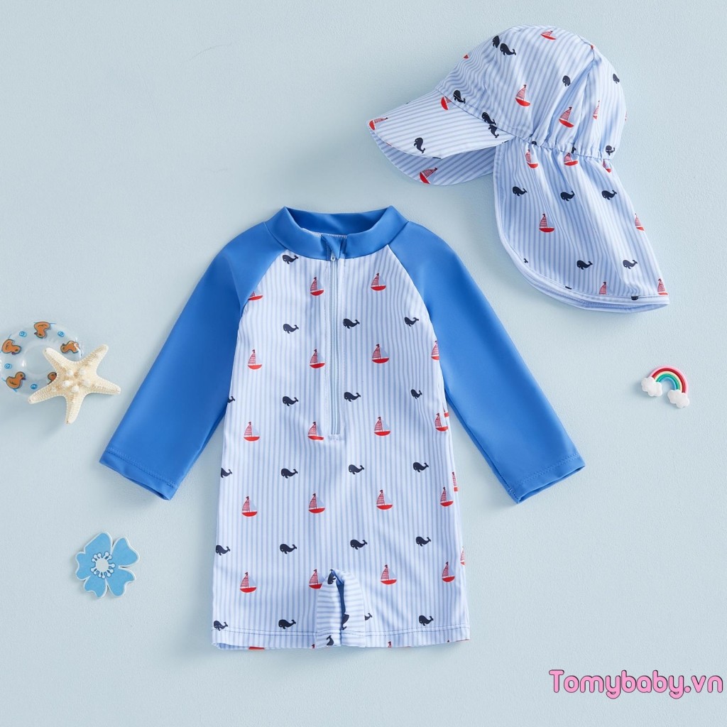 Đồ bơi Baby Rash Guard Bee / Dưa hấu / Thuyền buồm In sọc Zip Up Đồ bơi dài tay có mũ Bộ 2 chiếc