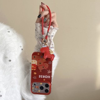 Hoạt Hình Dễ Thương Pháo Hoa Làm Giàu Mặt Dây Chuyền Ngựa Da Wrsit Dây Đeo Vỏ Điện Thoại Cho iPhone 17Promax 16Promax 15 Pro Max Chống Sốc Bảo Vệ Toàn Bộ Ống Kính Nữ Vỏ Di Động