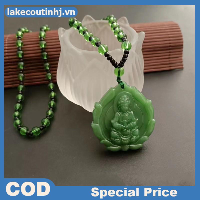 Mặt dây chuyền Phật Quan Âm làm từ ngọc xanh khắc tay, phù hợp làm bùa hộ mệnh và trang sức cho nữ