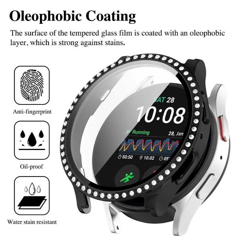 Ốp PC + Kính Cường Lực Cho Samsung Galaxy Watch 6 7 40mm 44mm Vỏ Khung Ốp Lưng Kim Cương Cho Samsung Galaxy Watch FE 5 4 40mm 44mm Bảo Vệ Màn Hình Full Cover
