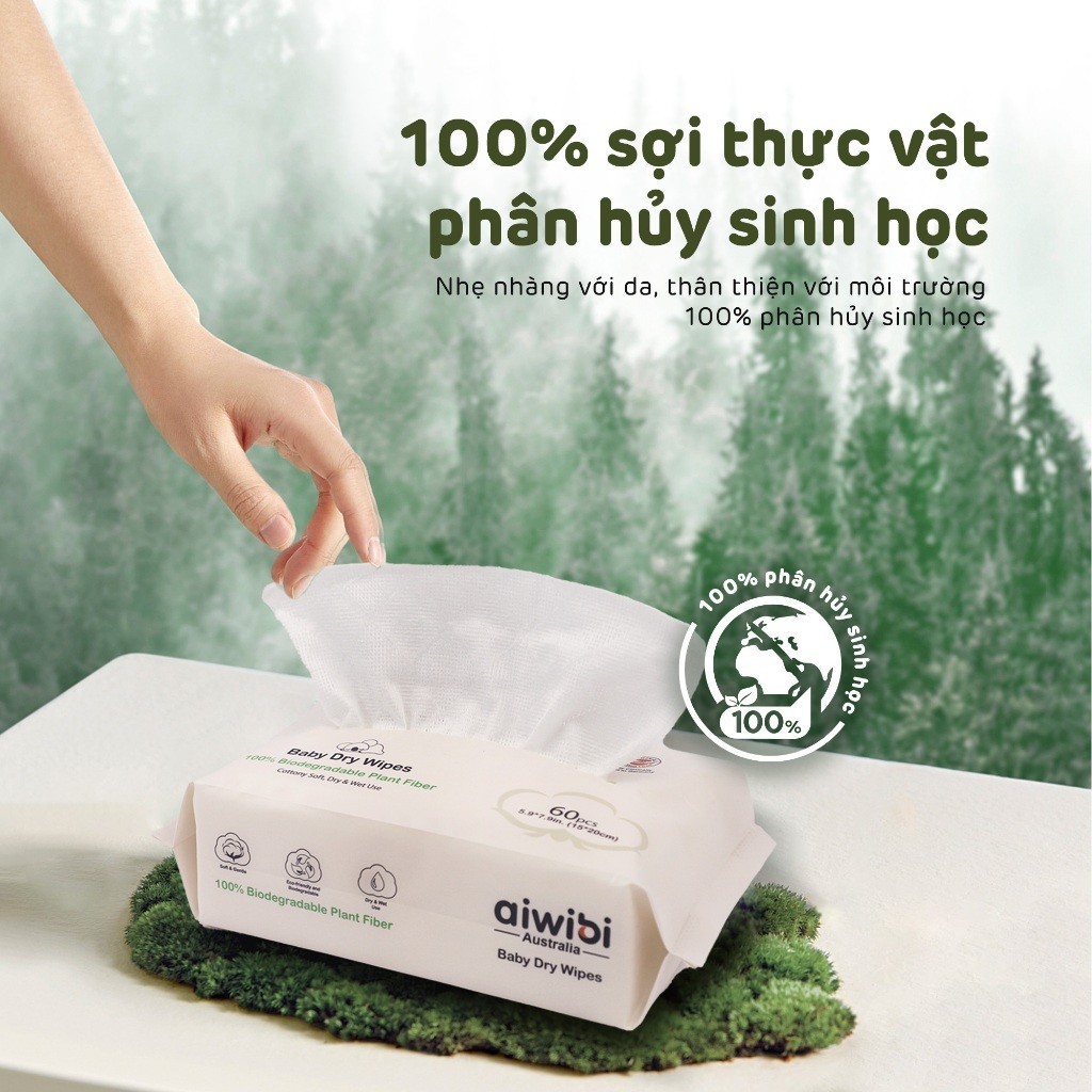 [Combo 5] Khăn Khô Aiwibi Phân Hủy Sinh Học 100% Làm Sạch Nhẹ nhàng, An Toàn Cho Da Nhạy Cảm (60 Miếng)