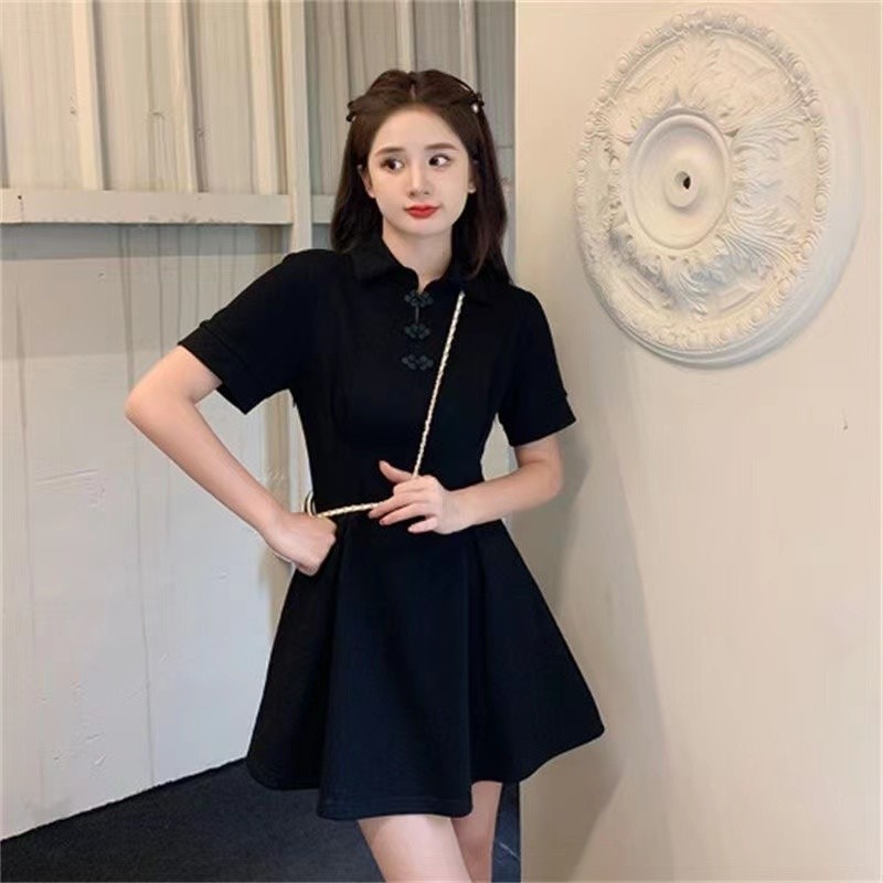Đầm ngắn nữ cao cấp màu đen chất liệu sườn xám, phù hợp mặc mùa hè