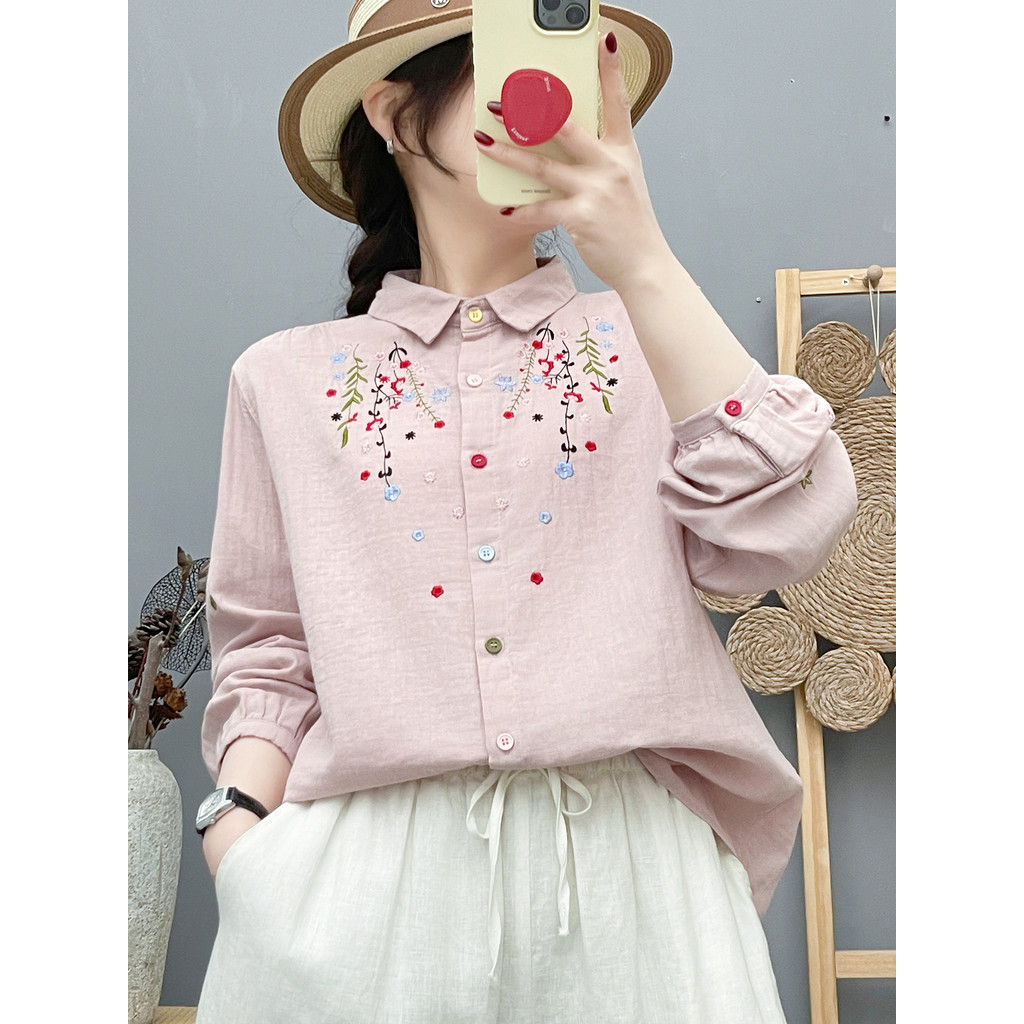 [Hàng có sẵn] Áo sơ mi nữ 100% cotton Mori Art, thiết kế thêu họa tiết hoa nhẹ nhàng, phù hợp làn da