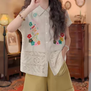 Áo sơ mi nữ thêu dáng rộng phong cách cổ điển Hồng Kông, chất liệu ren cao cấp