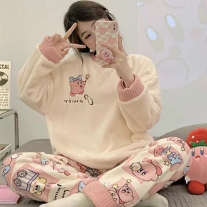 Cửa Hàng Bộ Đồ Ngủ Nữ Thu Đông Flannel Ren Dây Rút Áo Chui Đầu Hoạt Hình Lông Cừu Dày Ấm Áp Phong Cách Truyện Tranh Thêu Homewear Bộ