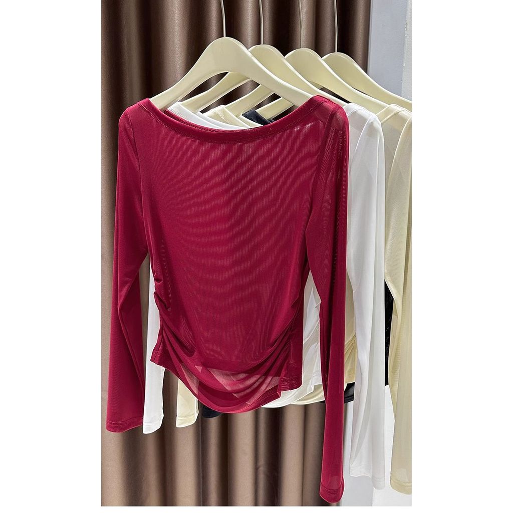 Milyfashion Co Giãn Cao Slim-fit Slimmer Look Encore Red Pure Desire Slanted Vai Cổ Phẳng Áo Thun Nữ Mờ Gạc Dây Dài Tay Top