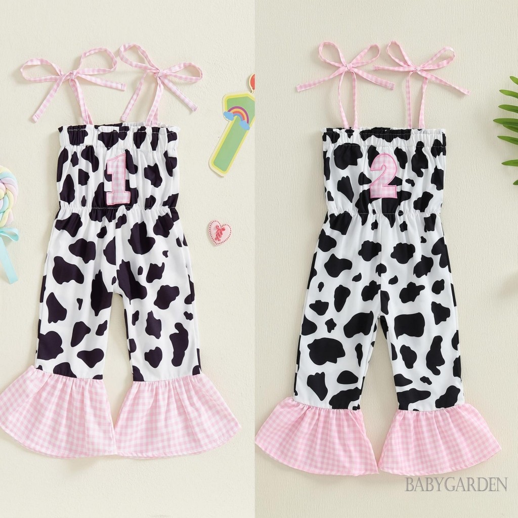 Bé Gái Sinh Nhật Áo liền quần Không Tay Dây Buộc Dây Thêu Chữ Bò In Hình Mùa Hè Playsuits Quà Tặng