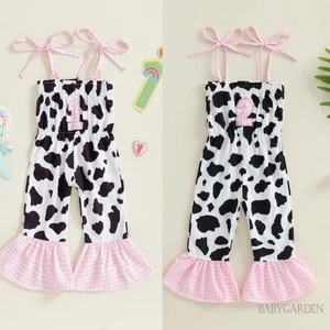 Bé Gái Sinh Nhật Áo liền quần Không Tay Dây Buộc Dây Thêu Chữ Bò In Hình Mùa Hè Playsuits Quà Tặng