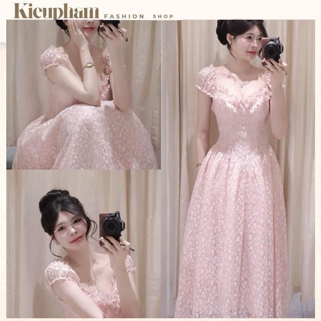 Đầm Ren Thêu Nhũ “Dáng Dài” Tay Cúp Sò - Đầm Ren Xoè Màu Pastel Cổ Tim Nữ Tính, Thanh Lịch, Du Lịch Hè Kieupham.shop