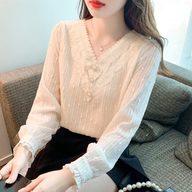 Áo sơ mi nữ lót lông cừu dày dặn, kiểu dáng mới, áo mặc trong thời trang và sành điệu, áo sơ mi ren voan thanh lịch