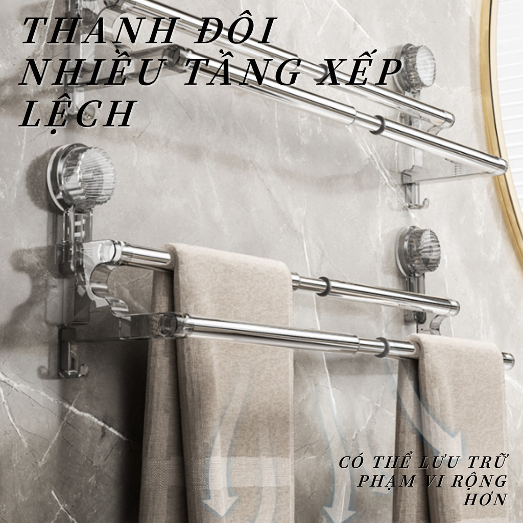 Thanh Treo Đồ Nhà Tắm Đa Năng Hút Chân Không - Thiết Kế 2 Tầng Mở Rộng, Treo Khăn Tắm, Áo Choàng, Dép, Bàn Chải Tiện Lợi