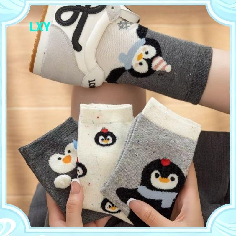 [1 Gói] Tất nữ hoạt hình dễ thương, ống giữa, chim cánh cụt, thiết kế đơn giản